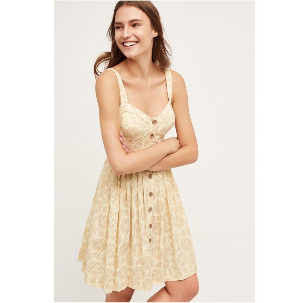 Maeve Anthropologie Cafe Dress Yellow Seersucker Dragonfly Button Front Mini 8